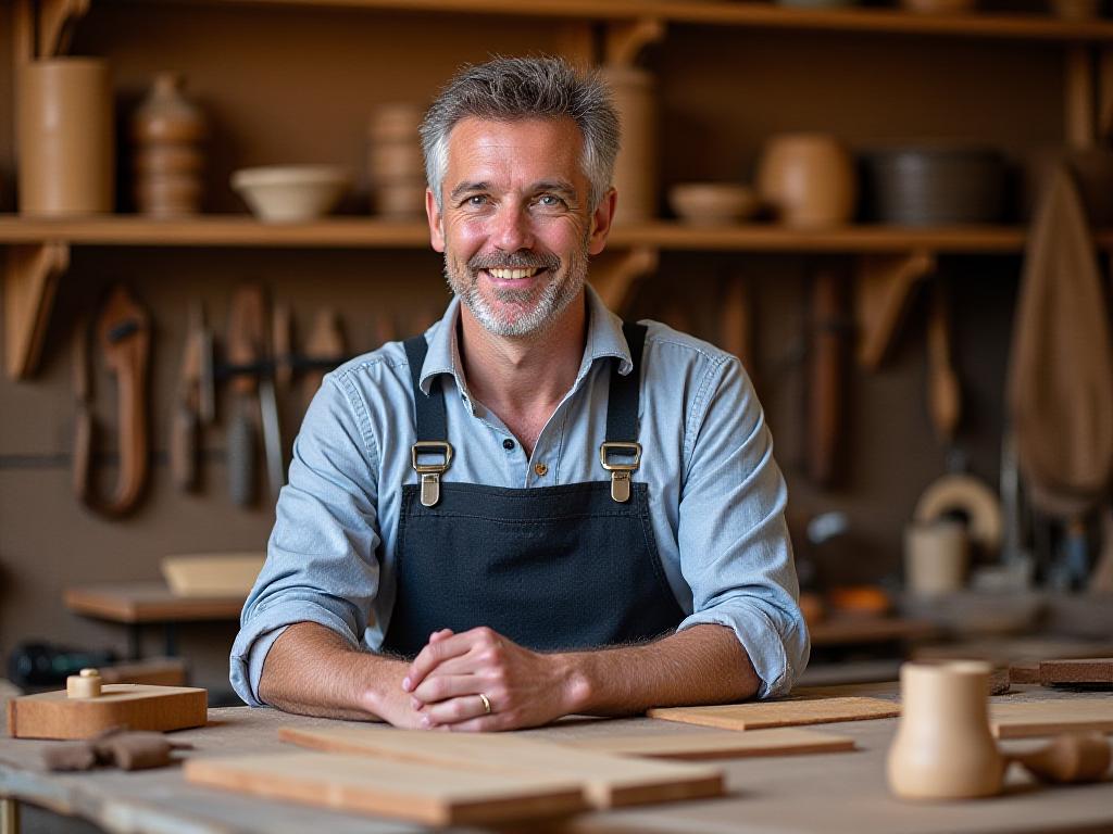 Gründer Herr Richter in seiner Holzwerkstatt, umgeben von Holz und Werkzeugen