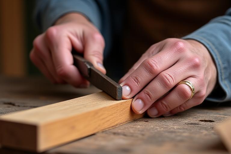 Meisterhafte Handwerkskunst: Hände bearbeiten ein Holzstück mit traditionellen Werkzeugen.